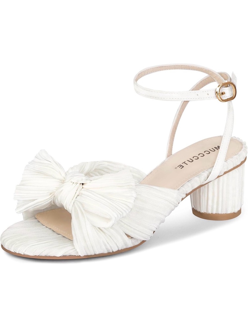 Bow Front Ankle-Strap Block Heel Sandal in White